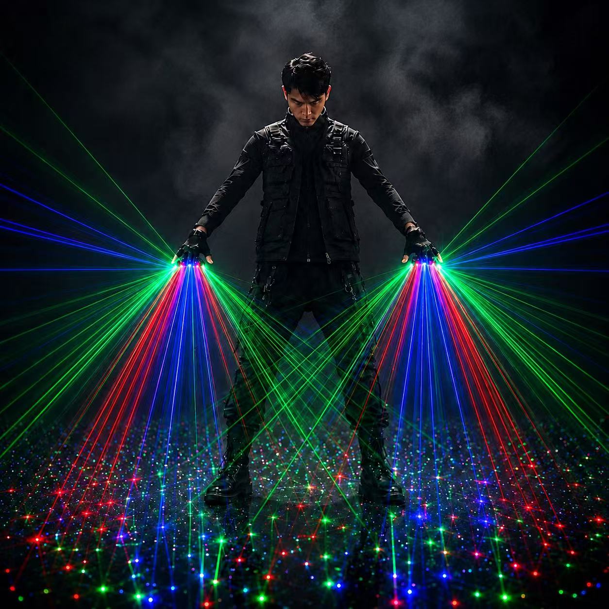 Event Party Dj - ถุงมือเลเซอร์ RGB แบบชาร์จไฟได้ สีแดง เขียว น้ำเงิน