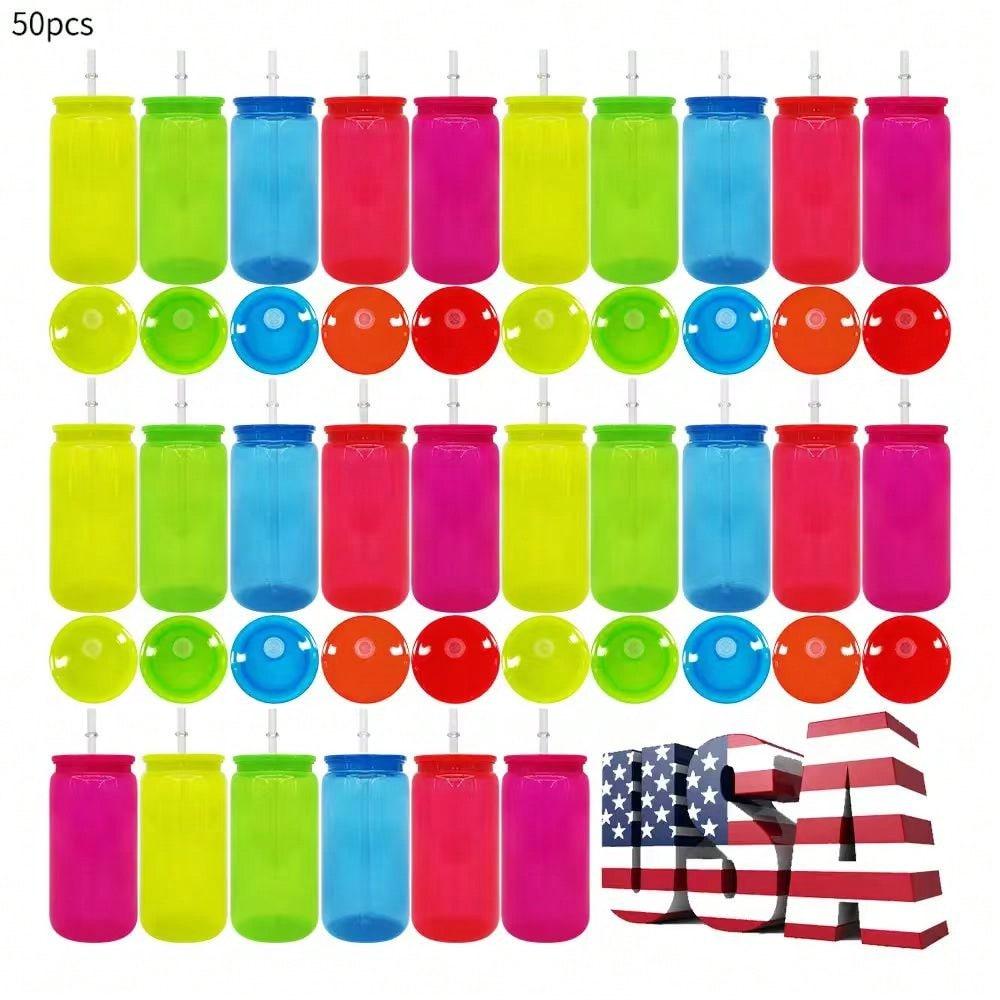 Plastic Cup 50Pcs - 50 ชิ้น ถ้วยพลาสติกนีออนเรืองแสงขนาด 16 ออนซ์ พร้อมฝาปิดสี